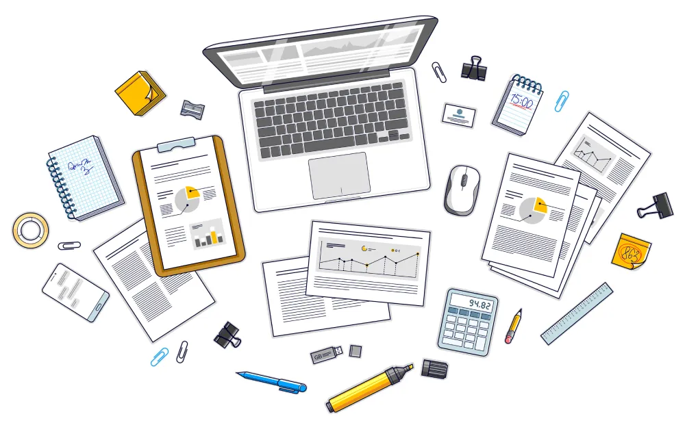 Office employee or entrepreneur work desk workplace with PC notebook and analytics papers with graphs and data and stationery objects on table. All elements are easy to use separately.