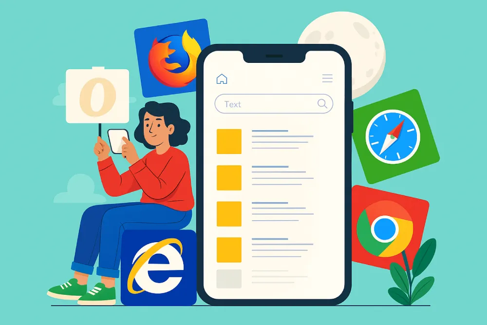 Search Engines Illustration of a person using a mobile device, sitting next to a large smartphone screen with search results, surrounded by colorful web browser logos like Chrome, Firefox, Safari, Opera, and Internet Explorer.