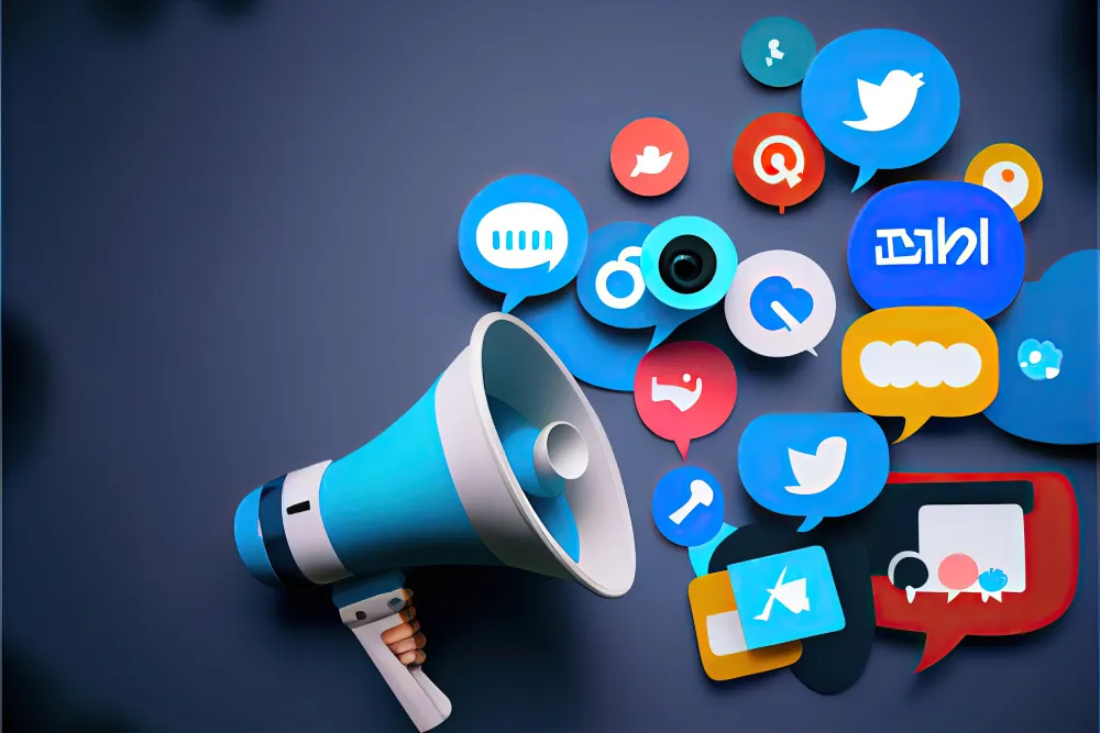 web site article image, material design, dark blue gradient background, megaphone in the left side of image, social networks icon